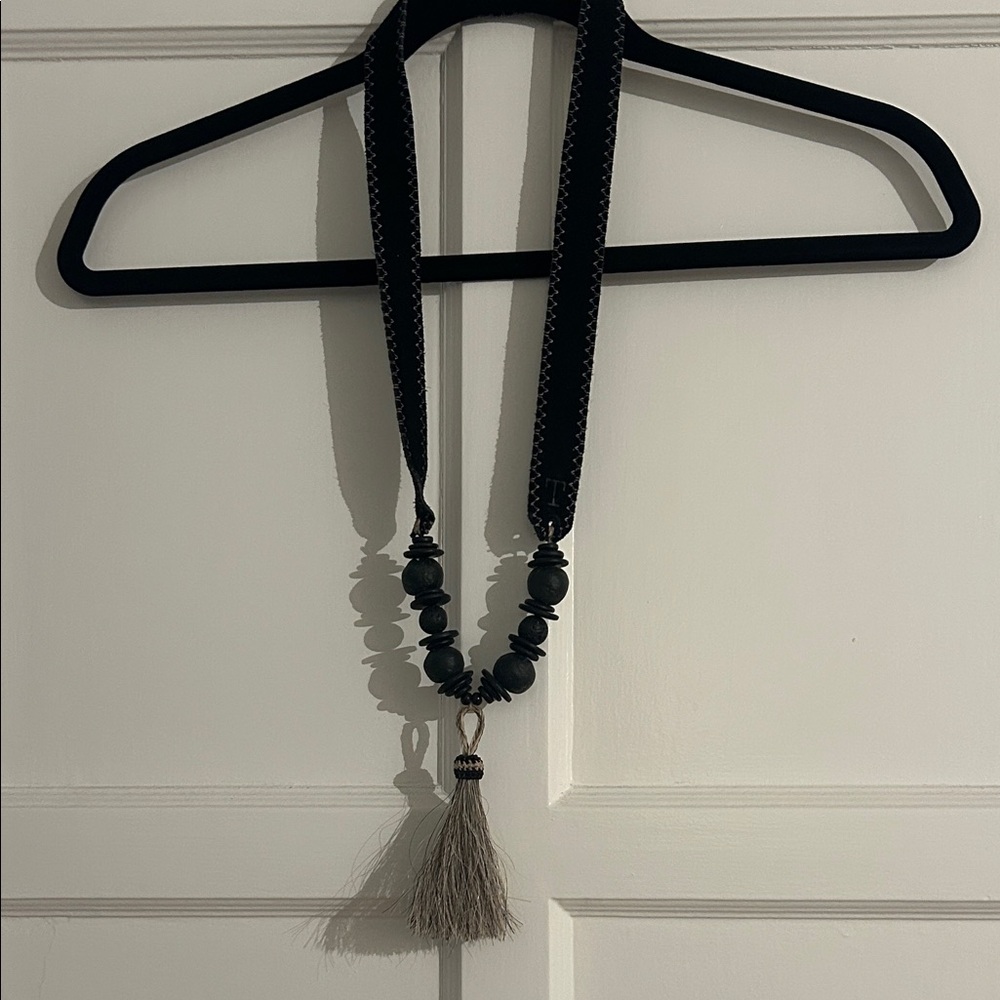 Twine and Twig Black and Gray Beaded Necklace with Tassel